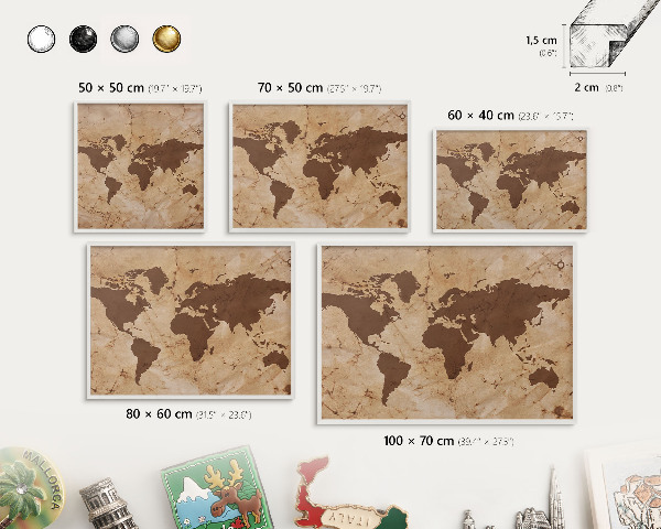 Tableau mural pour aimants dans un cadre noir Carte du monde