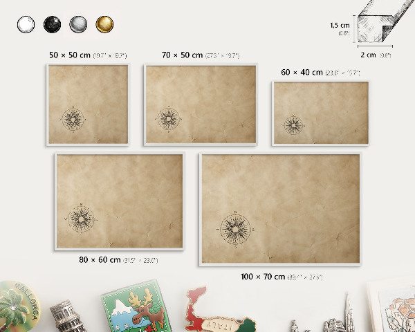Tableau mural pour aimants dans un cadre noir Rose des vents