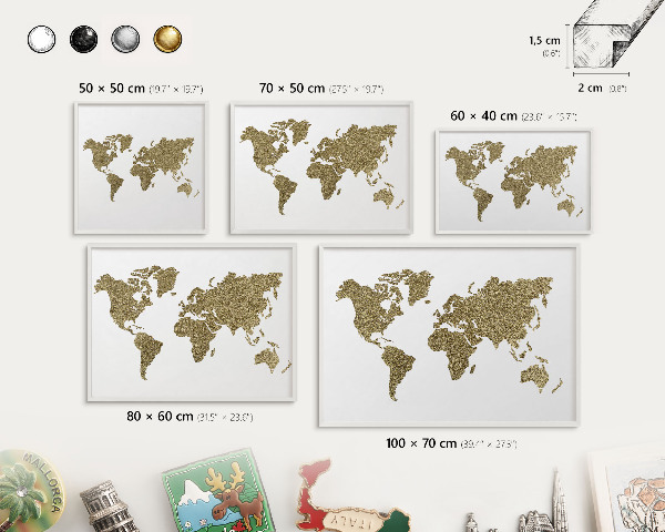 Panneau magnétique décoratif cadre noir Carte du monde