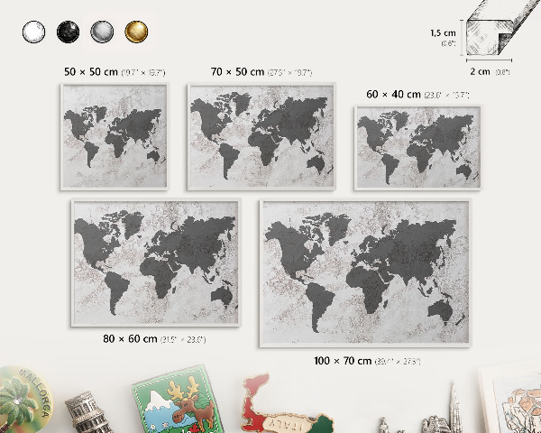 Tableau mural pour aimants dans un cadre noir Carte du monde