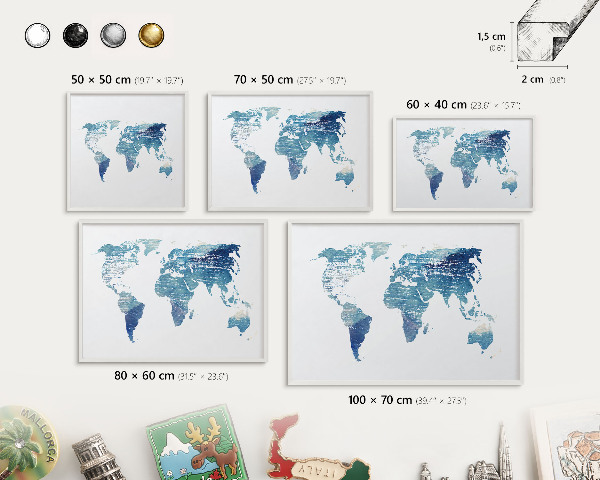 Tableau mural pour aimants dans un cadre noir Carte à l'aquarelle