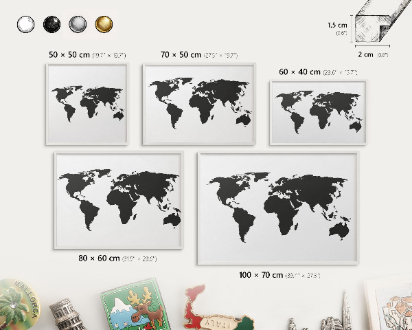 Tableau mural pour aimants dans un cadre noir Carte du monde