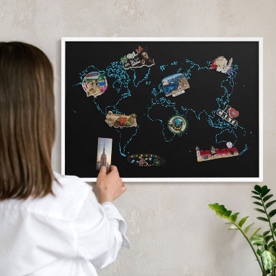 Panneau magnétique décoratif cadre noir Carte du monde