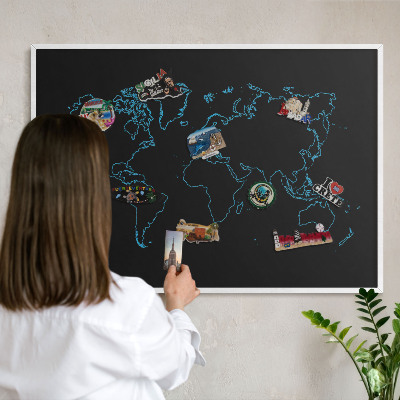 Panneau magnétique décoratif cadre noir Carte du monde