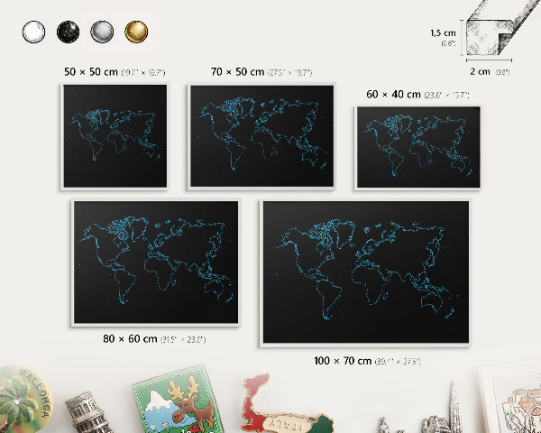 Panneau magnétique décoratif cadre noir Carte du monde
