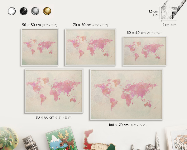 Tableau mural pour aimants dans un cadre noir Carte du monde
