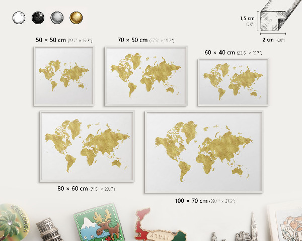 Panneau magnétique décoratif cadre noir Carte du monde