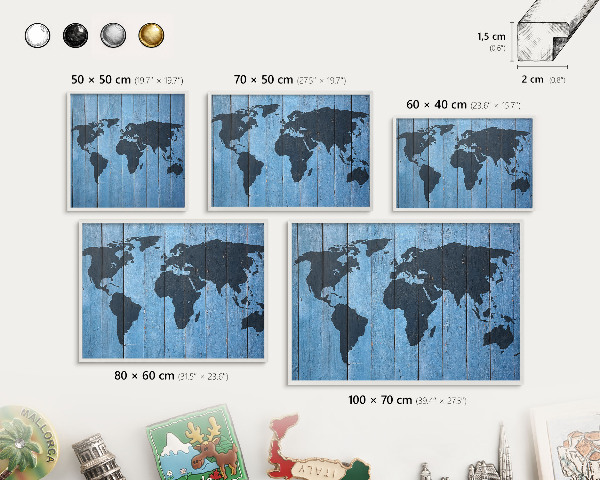 Tableau mural pour aimants dans un cadre noir Carte du monde