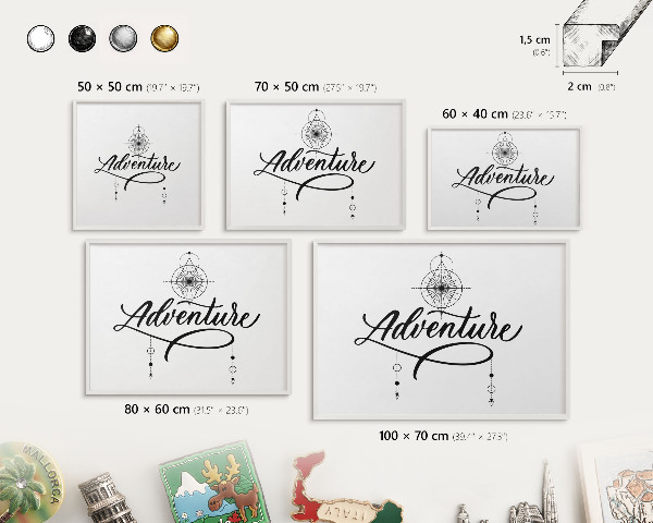 Tableau mural pour aimants dans un cadre noir Aventure typographique