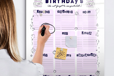 Tableau magnétique effaçable Calendrier d'anniversaires avec espace pour photos
