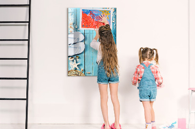 Tableau magnétique effaçable Souvenirs d'été sur fond bleu