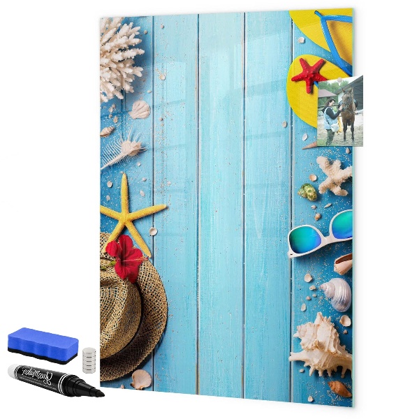 Tableau magnétique effaçable Souvenirs d'été sur fond bleu