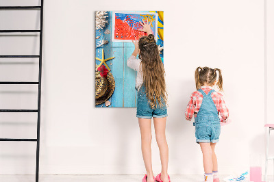 Tableau magnétique effaçable Souvenirs d'été sur fond bleu