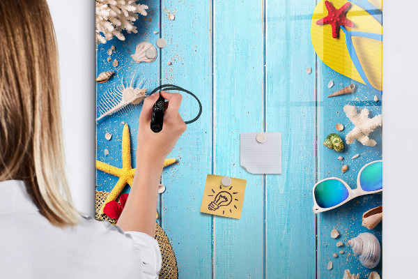 Tableau magnétique effaçable Souvenirs d'été sur fond bleu
