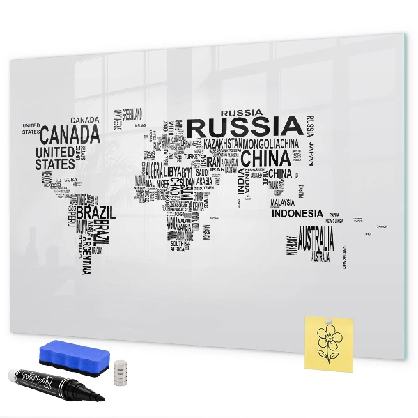 Tableau effaçable magnétique Carte du monde avec lieux et photos