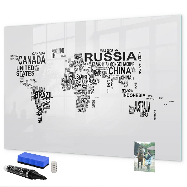 Tableau effaçable magnétique Carte du monde avec lieux et photos