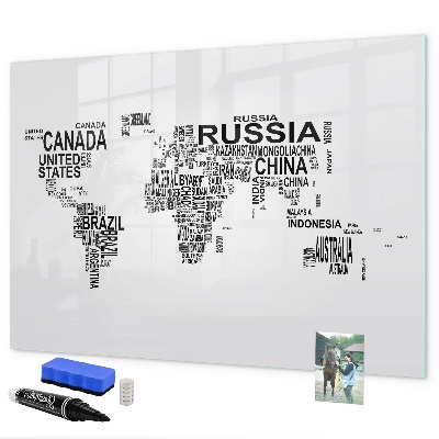 Tableau effaçable magnétique Carte du monde avec lieux et photos
