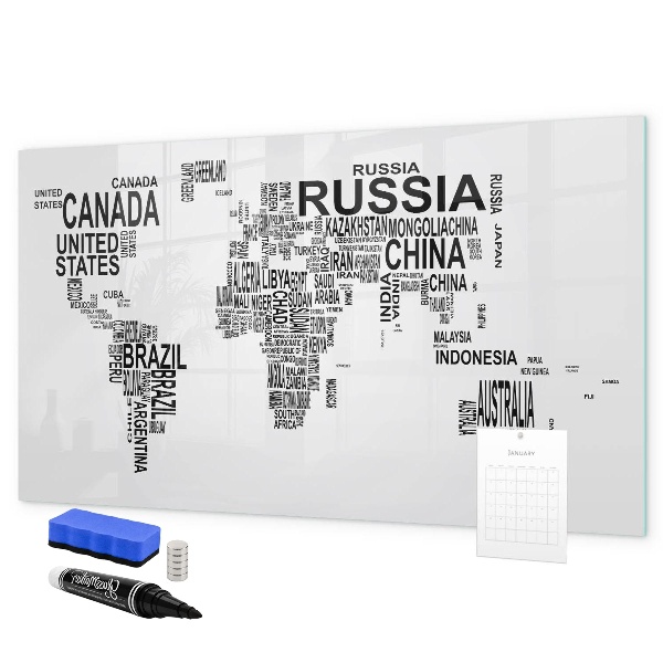 Tableau effaçable magnétique Carte du monde avec lieux et photos