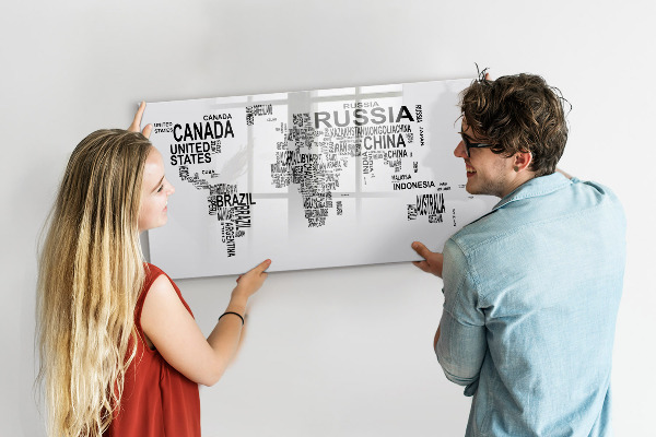 Tableau effaçable magnétique Carte du monde avec lieux et photos