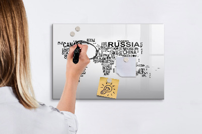 Tableau effaçable magnétique Carte du monde avec lieux et photos