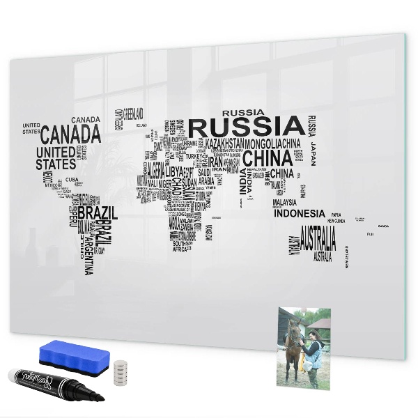 Tableau effaçable magnétique Carte du monde avec lieux et photos