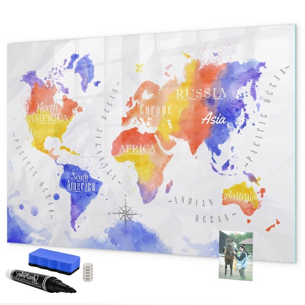 Tableau effaçable magnétique Carte du monde colorée avec photos