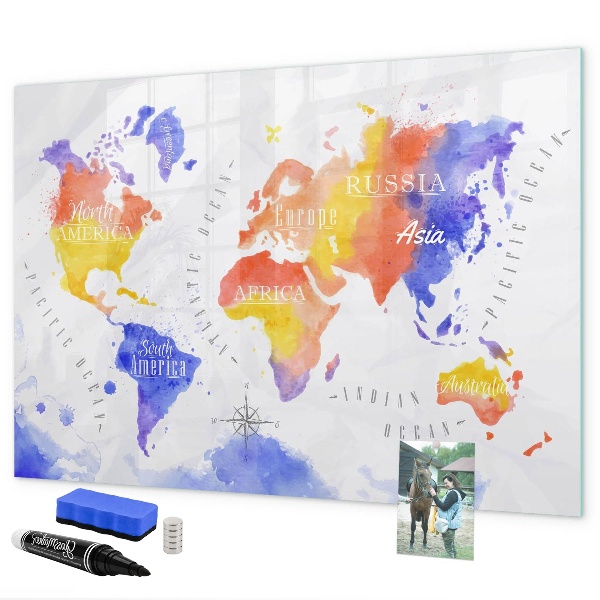 Tableau effaçable magnétique Carte du monde colorée avec photos