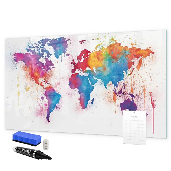 Tableau effaçable magnétique Carte du monde colorée avec photos