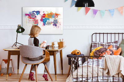 Tableau effaçable magnétique Carte du monde colorée avec photos