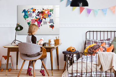Tableau magnétique effaçable Carte du monde colorée avec photos