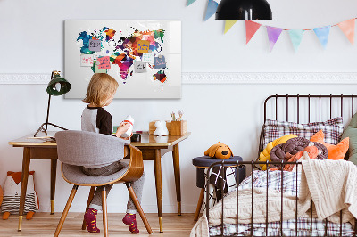 Tableau magnétique effaçable Carte du monde colorée avec photos