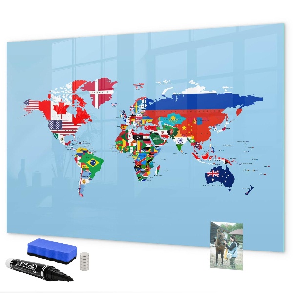 Tableau magnétique effaçable Une carte du monde avec des lieux et des souvenirs