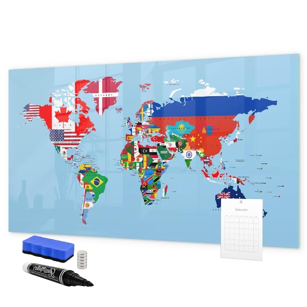 Tableau magnétique effaçable Une carte du monde avec des lieux et des souvenirs