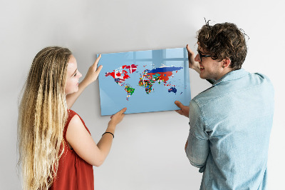 Tableau magnétique effaçable Une carte du monde avec des lieux et des souvenirs