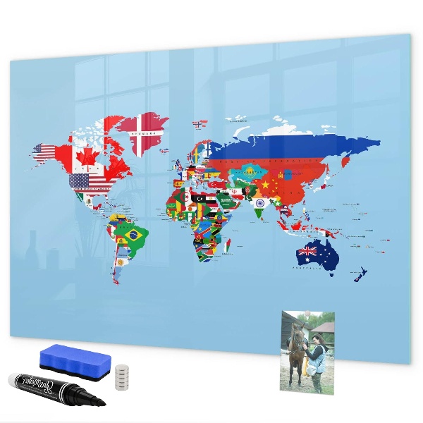 Tableau magnétique effaçable Une carte du monde avec des lieux et des souvenirs