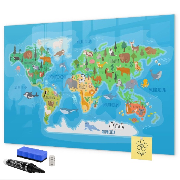 Tableau magnétique effaçable Carte du monde colorée avec aimants