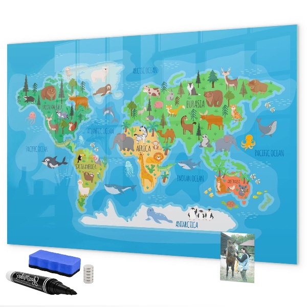 Tableau magnétique effaçable Carte du monde colorée avec aimants