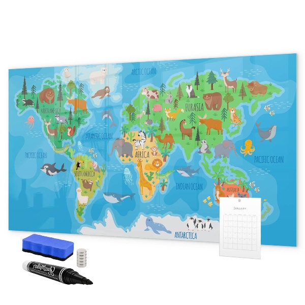 Tableau magnétique effaçable Carte du monde colorée avec aimants