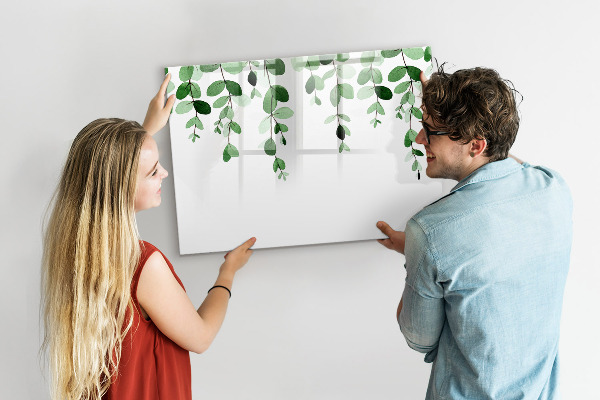 Tableau magnétique effaçable Feuilles vertes et photos sur le mur