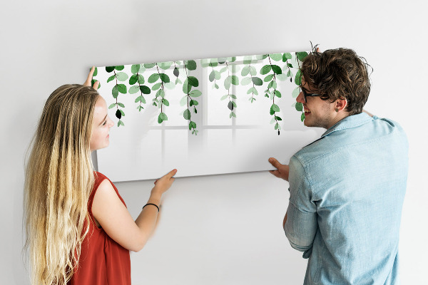 Tableau magnétique effaçable Feuilles vertes et photos sur le mur