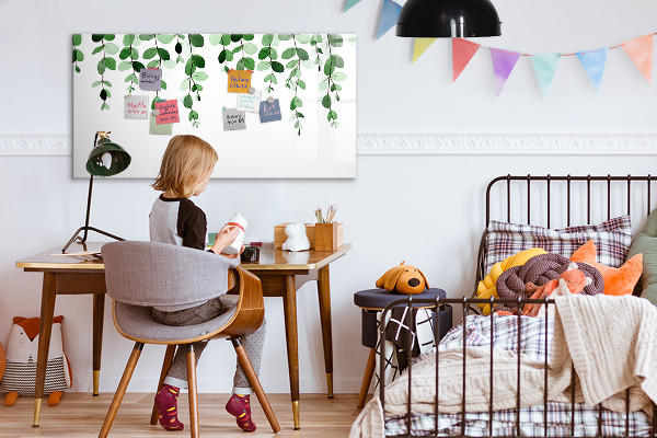 Tableau magnétique effaçable Feuilles vertes et photos sur le mur