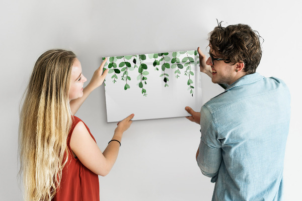 Tableau magnétique effaçable Feuilles vertes et photos sur le mur
