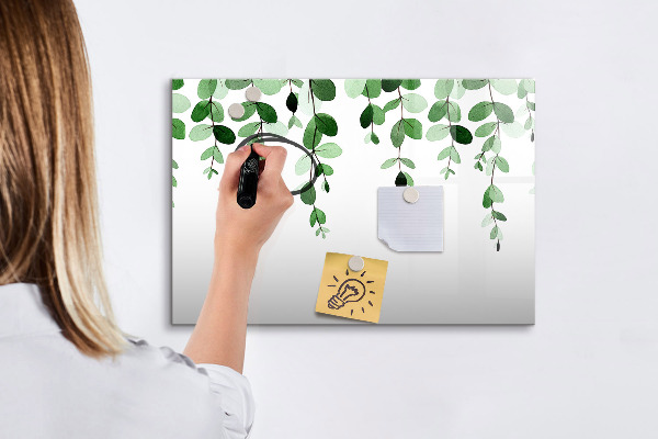 Tableau magnétique effaçable Feuilles vertes et photos sur le mur