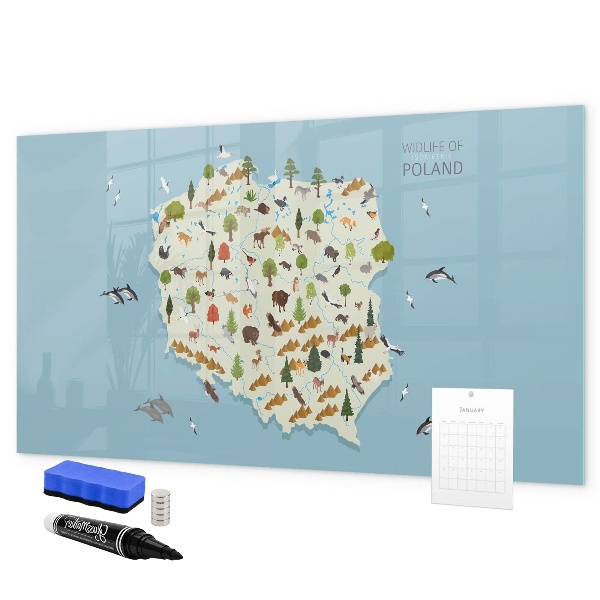 Tableau magnétique effaçable Carte naturelle de la Pologne avec des lieux pour prendre des photos