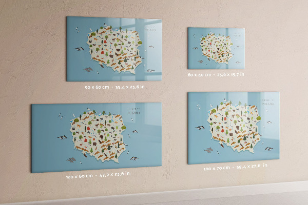 Tableau magnétique effaçable Carte naturelle de la Pologne avec des lieux pour prendre des photos