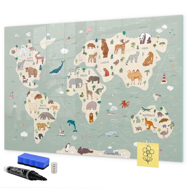 Tableau magnétique effaçable Carte du monde avec illustrations d'animaux