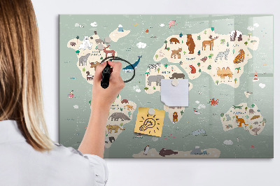 Tableau magnétique effaçable Carte du monde avec illustrations d'animaux
