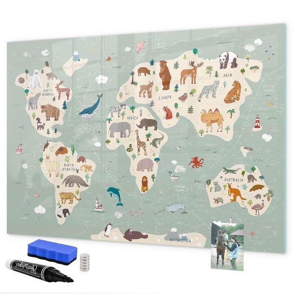 Tableau magnétique effaçable Carte du monde avec illustrations d'animaux