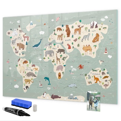 Tableau magnétique effaçable Carte du monde avec illustrations d'animaux
