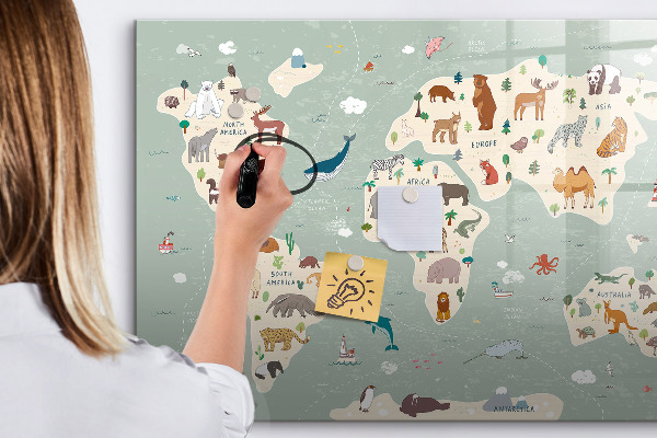 Tableau magnétique effaçable Carte du monde avec illustrations d'animaux